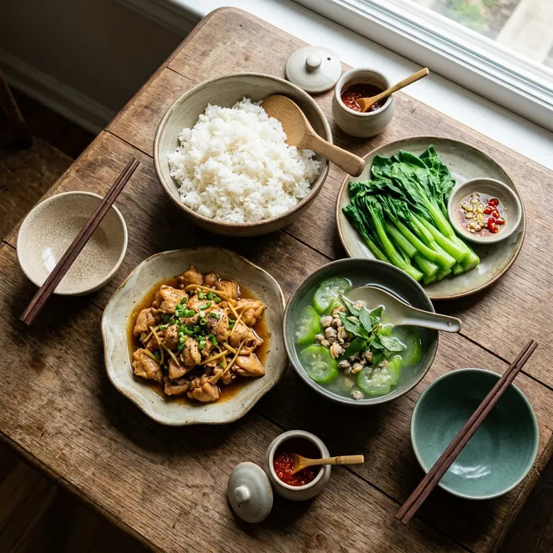 Mâm cơm Gà xào gừng canh mướp nấu hến