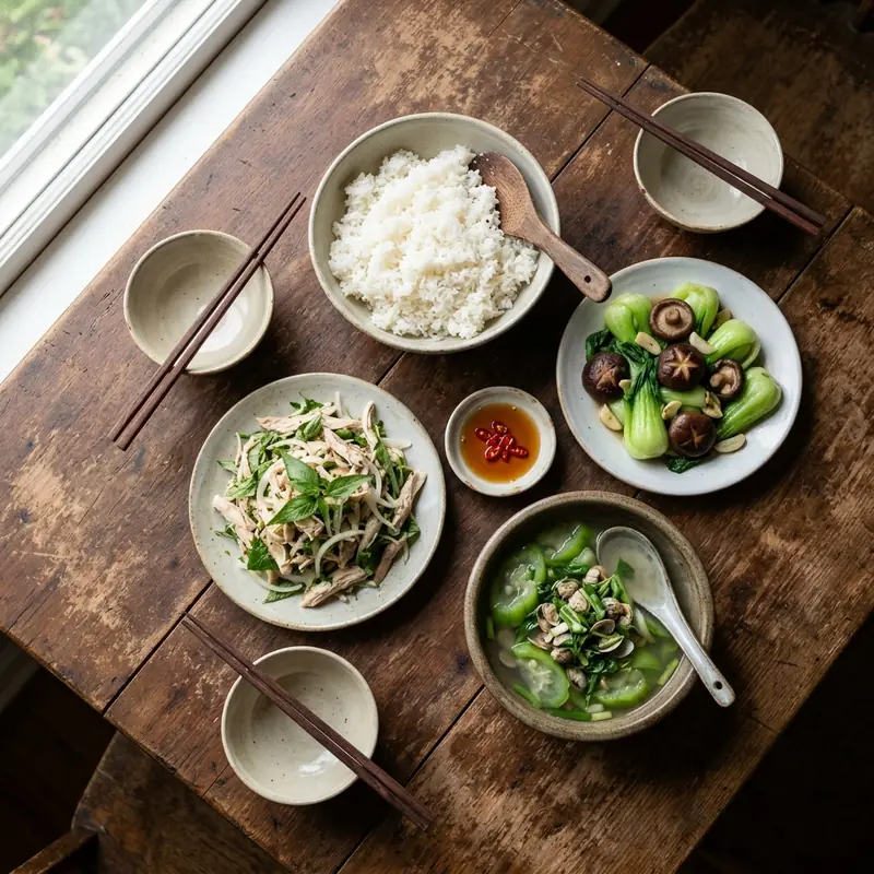 Mâm cơm Gà xé phay canh mướp nấu hến