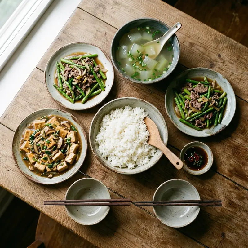 Mâm cơm Đậu hũ sốt nấm đông cô canh bí xanh nấu xương