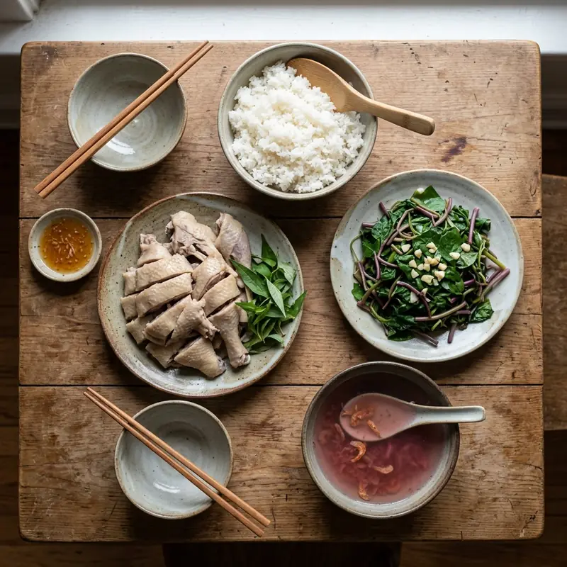 Mâm cơm Vịt luộc chấm mắm gừng canh rau dền
