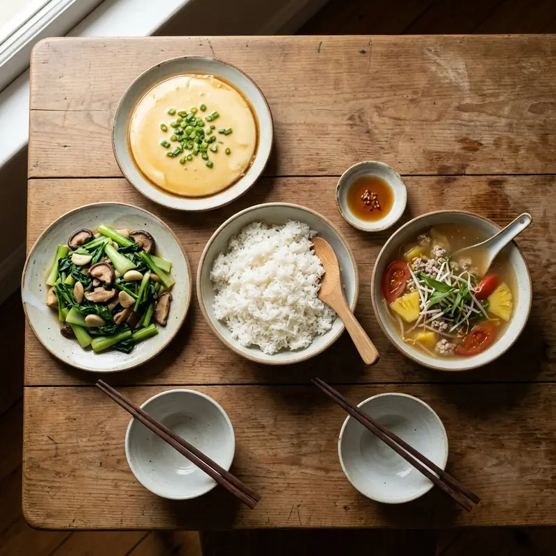Mâm cơm Đậu hũ hấp trứng canh chua thịt bằm