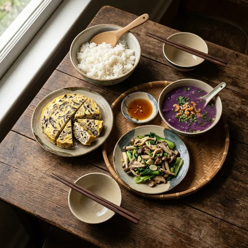 Mâm cơm Trứng hấp vân canh khoai mỡ